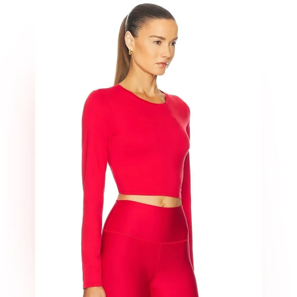 ALO Yoga Alosoft Crop Finesse Long SleeveTee in Bold Red XS NWOT